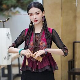 Ethnic Clothing 2024 Chinese Vintage Waistcoat Traditional Lace Patchwork V-neck Vest National Flower Embroidery Sleeveless Jacket Hanfu