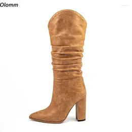 Boots Olomm Women Winter Mid Calf Cow Boy Sexy Block High Heels Pointed Toe Brown Party Shoes Plus US Size 5-13