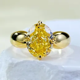 Cluster Rings 18K Gold Plated 925 Sterling Silver Sparkling Crushed Cut 4CT Oval Citrine Gemstone Wedding Ring For Women Jewelry