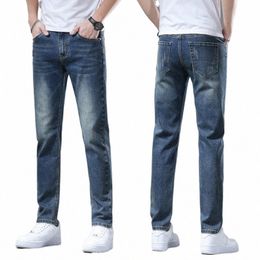 fi Men Stretch Light Blue Jeans Busin Loose Classic Jeans Casual Denim Lg Pants Slim Fit Man Cool Dad Retro Trousers d449#