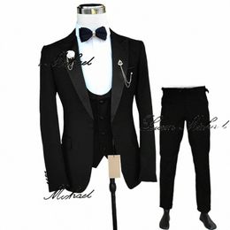 black Wedding Groom Tuxedo Elegant Suit Men's 3 Piece Jacket Pants Vest Tie Customised Outfit XS-5XL Slim Fit Blazer Men V8Hi#