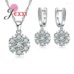 Necklace Earrings Set Stylish Fancy Shining Austrian Crystals Filled Pure 925 Sterling Silver Flower Jewelry For Wom