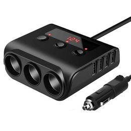 Upgrade 12V/24V 3 Way Auto Sockets Car Cigarette Lighter With 5 USB Charger Splitter Lighter 5V 3.1A Output Power With Voltage Display