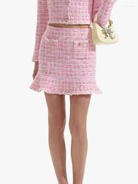 Skirts Women Plaid Knit Skirt 2024 Spring Summer Pink Sweet High Waist Female Trumpet Mini Jupe