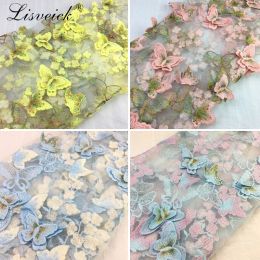 Fabric 1Yard Exquisite 3D Butterfly Embroidery Lace Fabric Multicolor Gold Thread Bridal Gown Wedding Fabrics Tulle Cloth DIY Dress