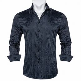 shirts For Men Dark Gray Paisley Solid Silk Shirts Slim Fit Lg Sleeve Male Social Busin Dr Shirt Men Clothing U06q#