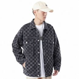 2022 American Brushed Chboard Checker Denim Jacket Men Spring and Autumn Fi Versatile Loose Plus Size Workwear Coats J0nF#