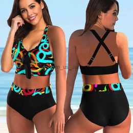 Women's Swimwear 2022 New Women Printed High Waist Two Pieces Bikini Set Swimsuit Female Plus Size Beachwear Swimwear Bather Bathing Suit 5XL T240328