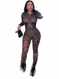 simenual 90s Rave Mesh Printed Co Ord Suits Women Sexy See Through Pullovers T-Shirts Skinny Pencil Pants Y2K Club Two Piece Set k8B3#