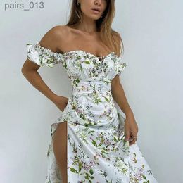 Basic Casual Dresses Summer Floral Off Shoulder Puff Sleeve Maxi Dress For Woman Robe Sexy Lace Up Side Split Chic Mid-Calf Aesthetic DressQY21251KJ yq240328