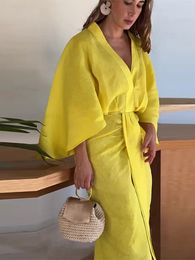 Women Chic Solid Long Flare Sleeves Pleated Midi Dress Casual Loose Vneck Irregular Hem Vestidos Spring Lady Elegant Robes 240321