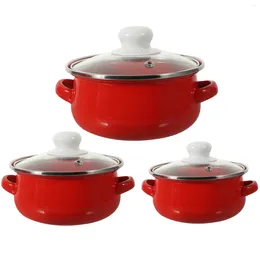 Double Boilers 3 Pcs Cookware Enamel Pot Small Instant Noodle Enamelware Red For Stove Top Noodles