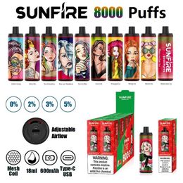 Original Factory Sunfire 8000 Puffs Disposable Vape Pen 8K Puff E Cigarette With Rechargeable 600mAh Battery 18ml Prefilled Pod MTL/DTL Huge Vapour 0% 2% 3% 5% 10 Flavours