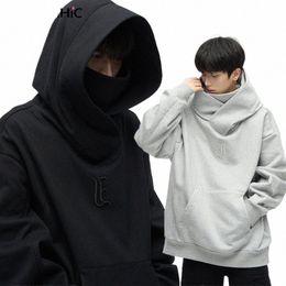 reddachic Turtleneck Hooded Sweatshirt Men Retro Grey Black Hoodies Oversized Casual Embroidery Graphic Pullover Y2k Streetwear k9JA#