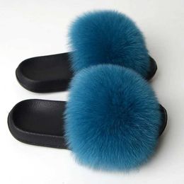 Slippers Real fox fur slider and fluffy indoor womens flip beach shoes summer sandals free shipping H240328DXH4