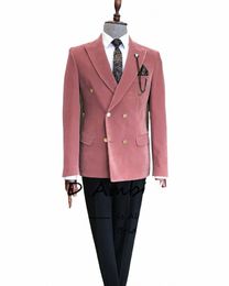 costume Homme Pink Veet Men Suit for Wedding 2023 Slim Fit 2 Piece Golden Double Breasted Ropa Hombre Luxury Suit Male Custom W9On#