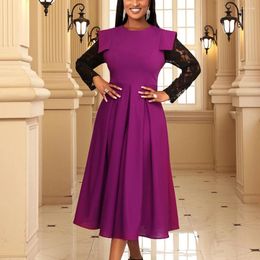 Casual Dresses Luxury Purple For Women O Round Lace Sleeve High Waisted Pleated Mid Calf Elegant Female Birthday Party Dinner Vestidos
