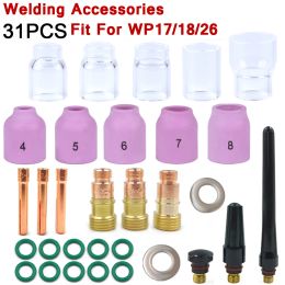 Sets 31pcs Gas Lens #12 Glass Cup Tig Collets Nozzle Practical Accessories Welding Torch Kit Argon Arc Tool for Wp17/18/26 Tig Curtain