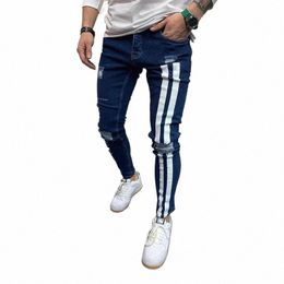 youth Vitality Men's Skinny Jeans Trousers Ripped Reflective Stripe Stretch Men's Pants High Quality Everyday Casual Sports Jean G90d#