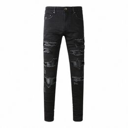 street Fi Men Jeans High Quality Black Stretch Skinny Fit Ripped Jeans Men Leather Patched Designer Hip Hop Brand Pants l0yA#