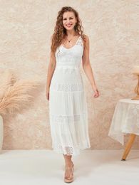 Casual Dresses Women Summer Long Dress Fairycore Lace Sleeveless Backless Solid Color Ruched Flowy Beach