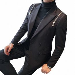 british Style Men Blazers Double-breasted Busin Casual Suit Jacket Stage Show Stage Show DJ Dr Coat Social Men Clothing a3dK#