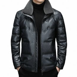 haining Leather down Jacket Men's Short Lapels Detachable Fur Collar Thickened Warm High Quality Leather Jacket Coat Men Y82R#