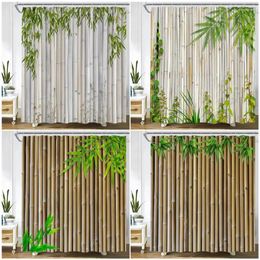 Shower Curtains Brown Bamboo Green Leaves Plant Spring Garden Scenery Wall Hanging Modern Fabric Bathroom Decor Bath Curtain Set