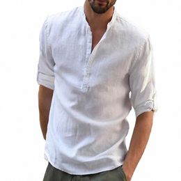 men's Casual Stand Up Collar, Solid Colour Lg Sleeve Linen Shirt, Trendy Breathable Loose Youth Model V45Y#