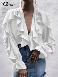 Celmia Women Ruffles Blouses Fashion Sexy V neck Tops Elegant Long Sleeve Flare Cuff Shirts Casual Button Up Party Blusas 240328