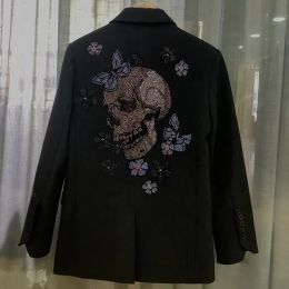 Boots Women Black Suit Coats 2021 New Fashion Back Floral Hot Rhinestone Skull Autumn Single Breasted Office Ladies Blazers