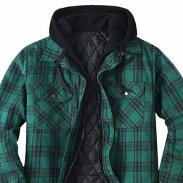 men Fall Winter Jacket Plaid Print Hooded Drawstring Coat Zipper Closure Loose Thickened Fake Two-piece Mid Length Men Coat d0Rk#