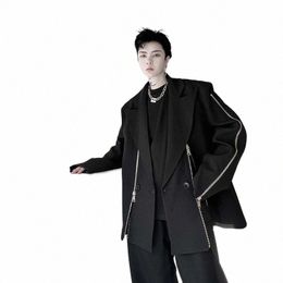 men Zipper Decorative Net Celebrity Streetwear Fi Show Loose Casual Suit Coat Blazers Male Women Hip Hop Jacket Outerwear Z2OB#