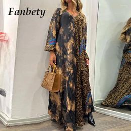 Casual Dresses 2024 Women Bohemian A-Line Party Dress Fall Winter V-Neck Loose Leopard Maxi Long Sleeve Patchwork Print