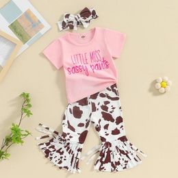 Clothing Sets Toddler Girl Summer Outfits Letter Print Short Sleeve T-Shirts Tops Cow Pattern Tassel Flare Pants Headband 3Pcs Clothes