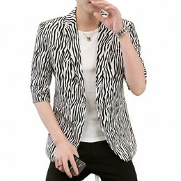 hoo 2023 Men's Summer Thin Slim-Fit Half-Sleeve Striped blazer Youth Zebra Print Handsome Casual blazer D2oN#