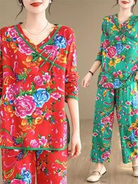 Women's Two Piece Pants V-Neck Slanted Breasted Button Top Straight Casual Set Ethnic Chinese Style Printed Retro Two-Piece Suit For Women