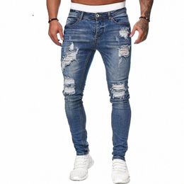 fi Blue Mens Ripped Skinny Jeans Streetwear Designer Hole Stretchy Slim Pencil Pants Cyber Men Clothes Hip Hop Black Jeans e11U#