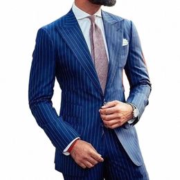 stevditg Blue Stripe Men's Suits 2 Piece Jacket Pants Slim Fit Single Breasted Peak Lapel Formal Busin Office Full Set Blazer 55O8#