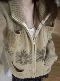 Women's Knits Jacquard Knitted Cardigan Women Y2k Aesthetic Zipper Christmas Sweater Grunge Vintage Casual Oversized Harajuku Jumper Tops