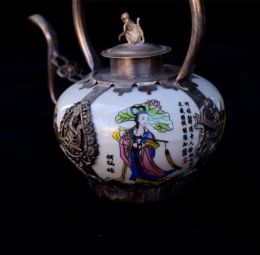 Sculptures Copper Statue Antique imitation bronze enamel color treasures home jingtailan teapot Xianglong wine pot metal crafts ornaments