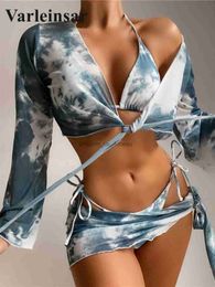 Women's Swimwear Tie Dye Long Slve Bikini Female Swimsuit Women Swimwear Four-pieces Bikini set Sarong Halter Bather Bathing Suit Swim V2921 T240328