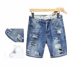 2024 Summer Men's Straight Denim Shorts Letter Print Fi Ripped Jeans Casual Simple Light Blue Male Short Jeans o7dv#