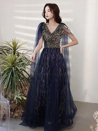 Party Dresses Dark Blue Cocktail Dress Sequin V Neck Beading Tassel Cape Tulle Luxury Shawl Fashion Floor Length Toast Evening Host Gown