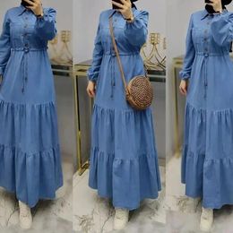 Casual Dresses Elegant Denim Dress Single-breasted Dubai Turkey Kaftan Muslim Turn Down Collar For Women Femme Caftan Islam Clothing