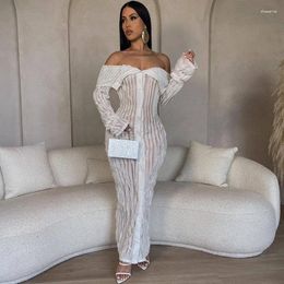 Casual Dresses Sexy Off The Shoulder Bodycon Maxi Dress Women Slash Neck Button-up Wave Striped Night Party Long Clubwear Birthday