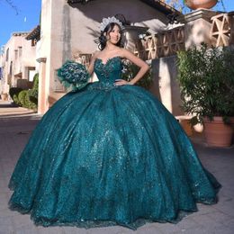 Luxury Blackish Green Off The Shoulder Quinceanera Dress Lace Beading Crystal Tull Sweet 16 Ball Gown Vestidos De XV 15 Anos