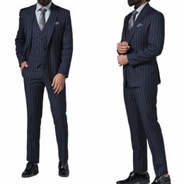 black Men Suit 3 Pieces Blazer Vest Pants Single Breasted Peaked Lapel Tuxedo Busin Pinstripes Wedding Groom Costume Homme W981#