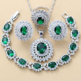 luxurious Dubai Bridal Silver 925 Brial Jewelry Sets Green Cubic Zircon Sunflower Earrings Necklace Bracelet And Ring Sets 220210238w