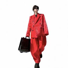 noymei Niche Design Red Suit Set Loose Male Two Pieces Set 2024 Spring New Men's Double Breasted Blazer Wide Leg Pants WA3701 07dx#